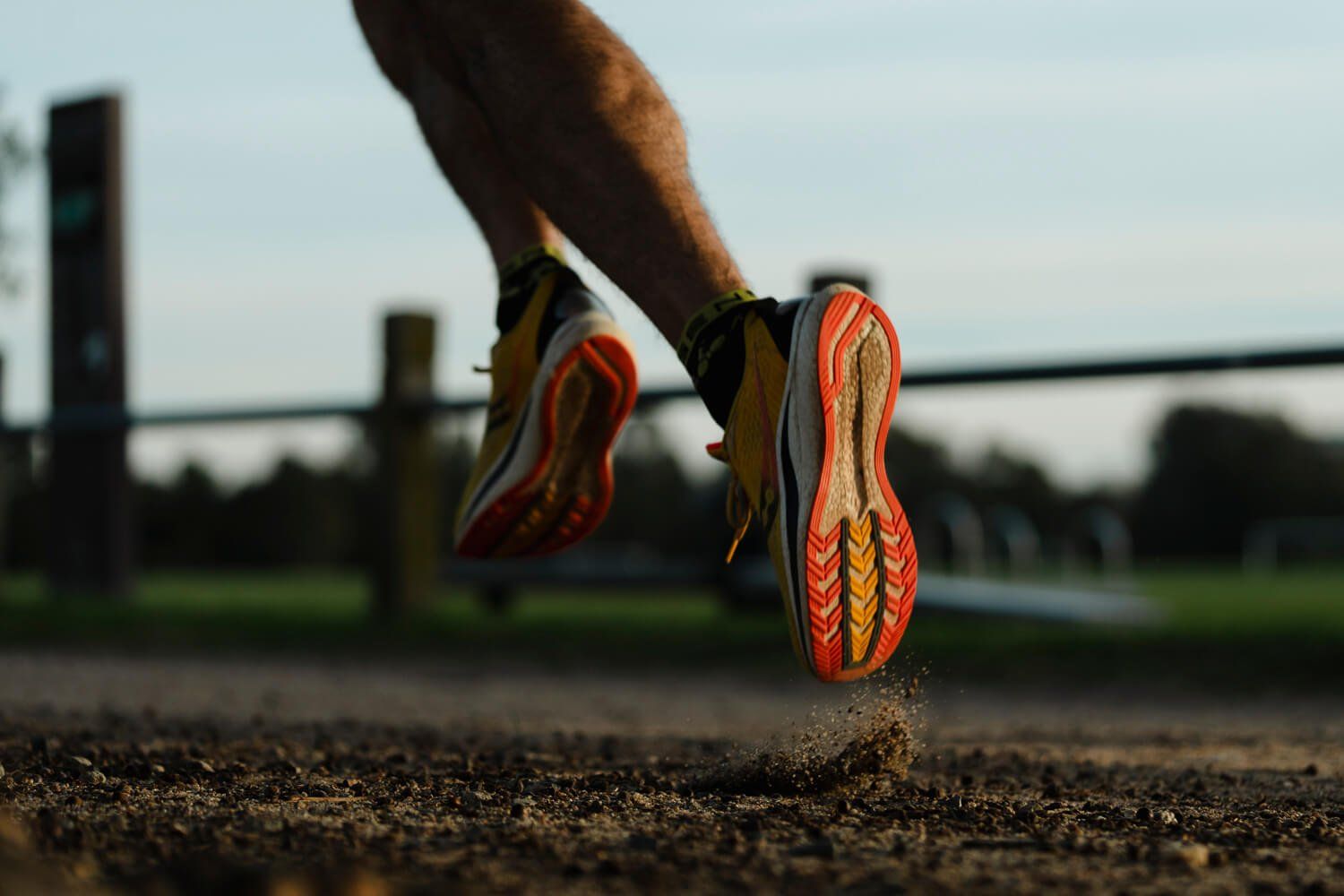 Close-up of running shoes kicking up dirt on a park trail